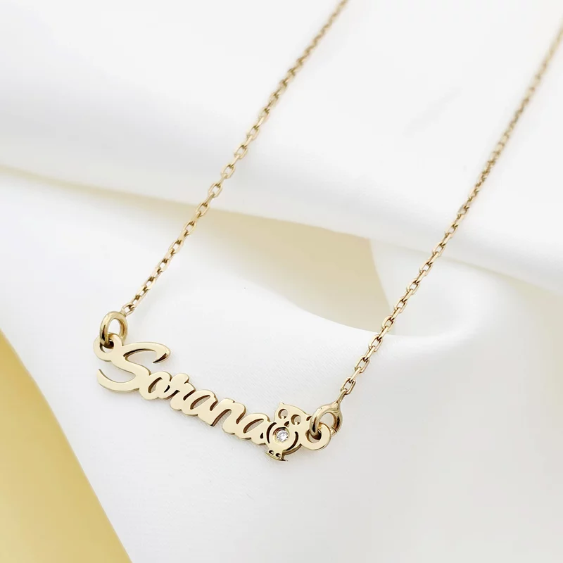 Lantisor personalizat cu Nume si Bufnita decorata cu Diamant natural - Argint 925 placat cu Aur Galben 18K picture - 3