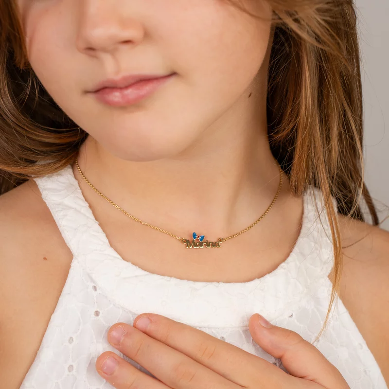 Lantisor personalizat cu Nume si Fundita colorata cu email - Argint 925 placat cu Aur Galben 18K picture - 2