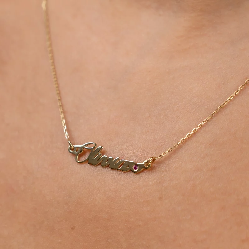 Lantisor personalizat cu Nume si Inima decorata cu rubin - Argint 925 placat cu Aur Galben 18 picture - 2