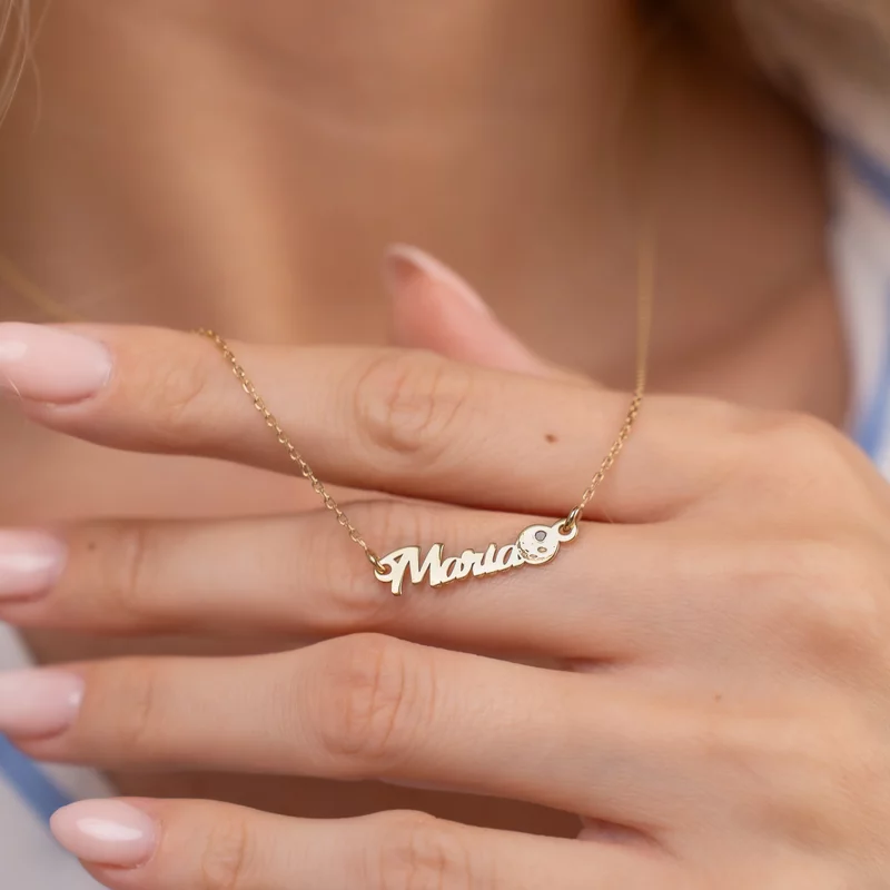 Lantisor personalizat cu Nume si Luna decorata cu diamant natural - Argint 925 placat cu Aur Galben 18K picture - 2