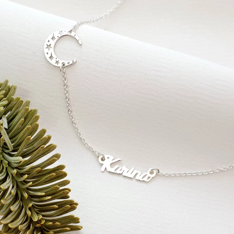 Lantisor personalizat cu Nume si pandantiv lateral Semiluna- Argint 925 picture - 2