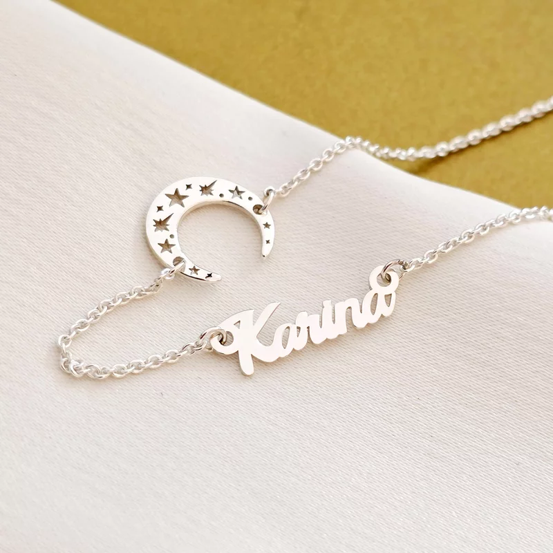 Lantisor personalizat cu Nume si pandantiv lateral Semiluna- Argint 925 picture - 3