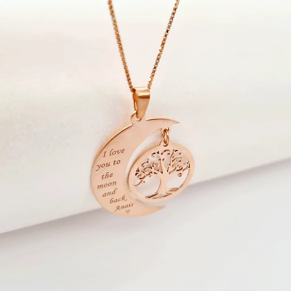 Lantisor personalizat - Luna si copacul vietii - Argint 925 placat cu Aur roz 18k