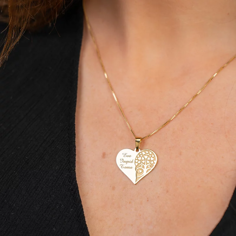 Lantisor personalizat - Pandantiv inima gravata cu nume si copacul iubirii - Argint 925 placat cu Aur Galben 18K picture - 4