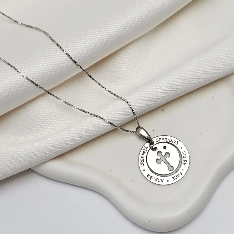 Lantisor Puterea cuvintelor - Bijuterie cu Har - Pandantiv disc cu banut atasat - Argint 925 Rodiat - Diamant negru natural picture - 2