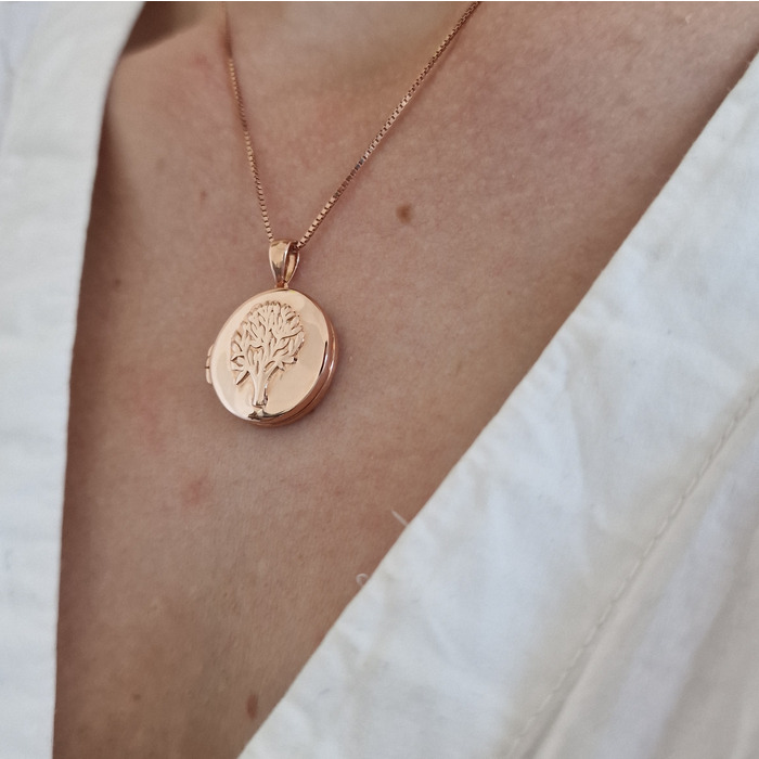 Medalion Copacul Vietii Locket Cu Poze In Interior Argint 925 Placat Cu Aur Roz 18K