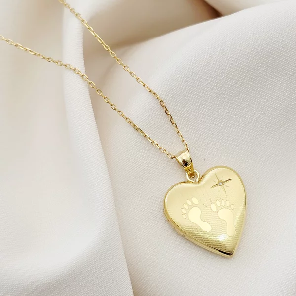 Medalion inima cu poze in interior - Footsteps&Birthstone - Argint 925 placat cu Aur Galben 18K