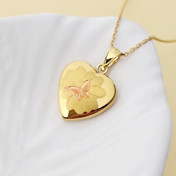 Medalion inima cu poze in interior - Pink Butterfly Bloom - Argint 925 placat cu Aur Galben 18K