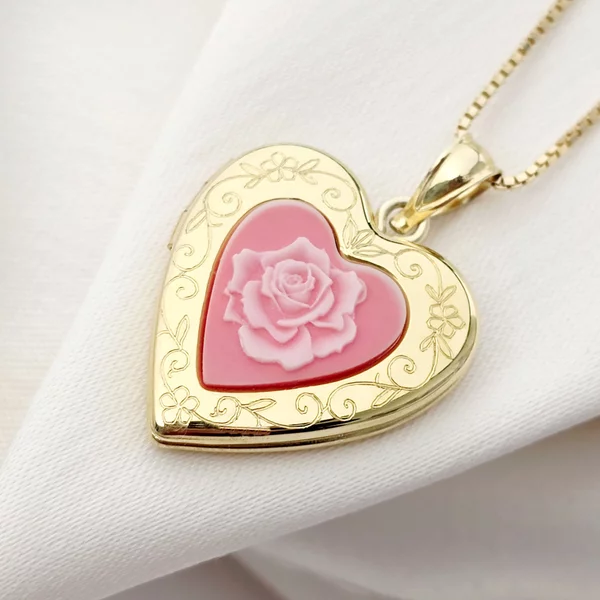 Medalion inima cu poze in interior - Pink Rose - Argint 925 placat cu Aur Galben 18K