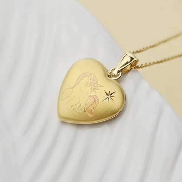 Medalion inima cu poze in interior - Pink Unicorn Dream - Argint 925 placat cu Aur Galben 18K