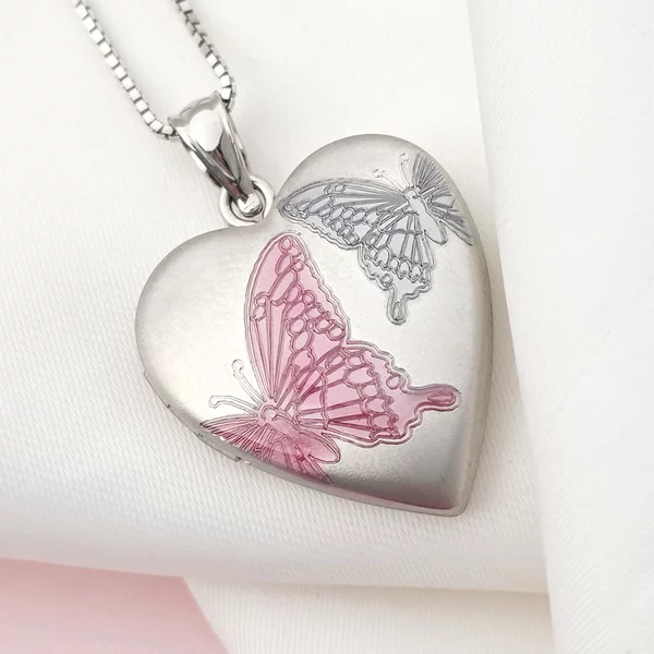 Medalion inima cu poze in interior - Rose&Blue Butterflies - Argint 925 Rodiat