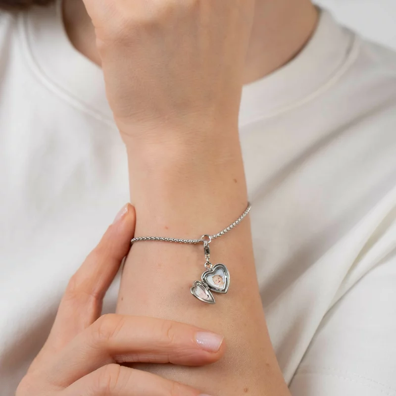 Bratara cu Medalion inima cu poze in interior - Silver&Gold Velvet - Lant bratara model snake - Argint 925 Rodiat picture - 6