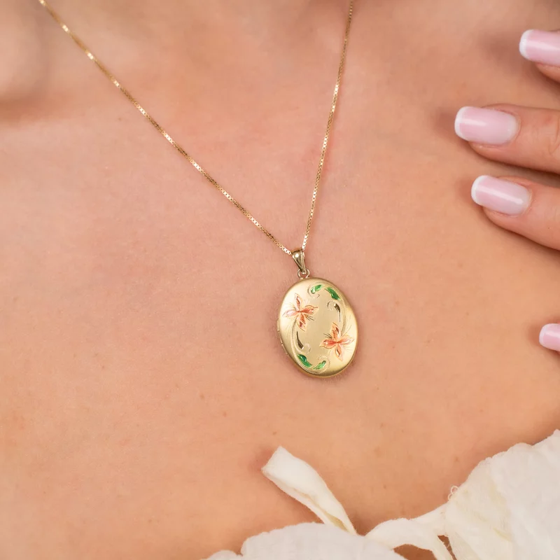 Medalion oval cu poze in interior - Pink Flowers - Argint 925 placat cu Aur Galben 18K picture - 4