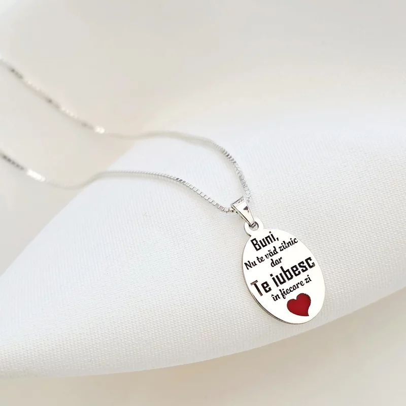 Lantisor cu pandantiv Bunica - Te iubesc in fiecare zi - Model oval 15 mm cu inima cu email rosu - Argint 925 picture - 2
