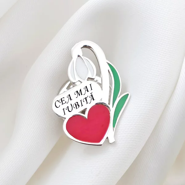 Pin Ghiocel - Personalizat cu inima colorata si text - Argint 925