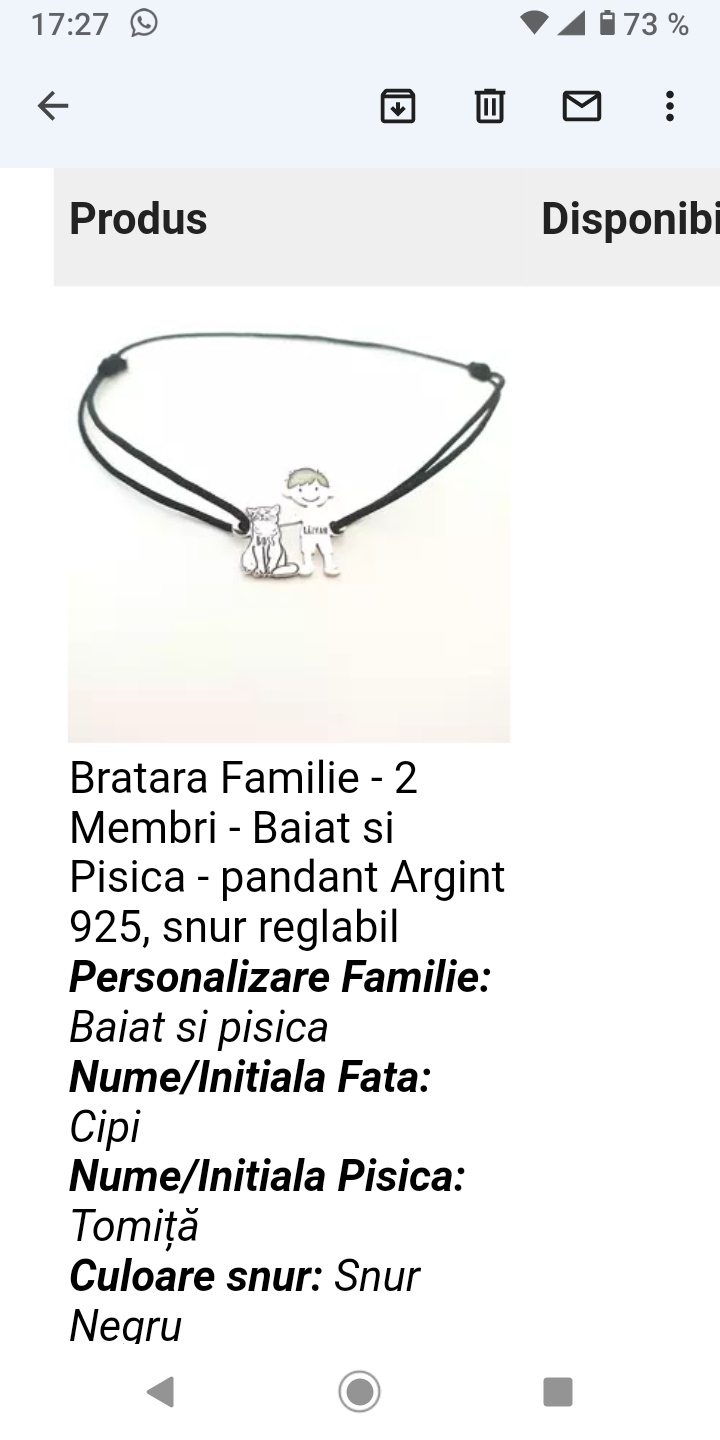 Recenzie Bratara Familie - 2 Membri - Baiat si Pisica - pandant Argint 925, snur reglabil - Huidan N.