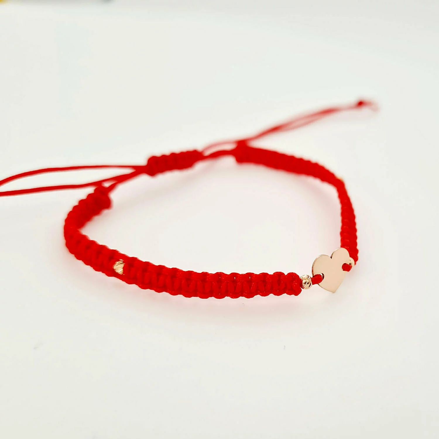 Bratara personalizata - Inima cu 4 bilute de 3 mm - Aur Galben 14K - Snur impletit reglabil
