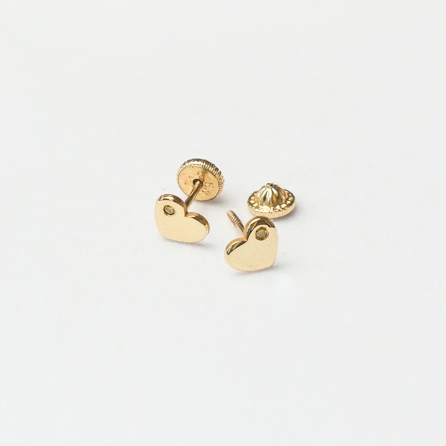Cercei bebe/fetite cu Diamant naturat galben - Model inima - Aur Galben 14K - Inchizatoare sigura si confortabila cu filet