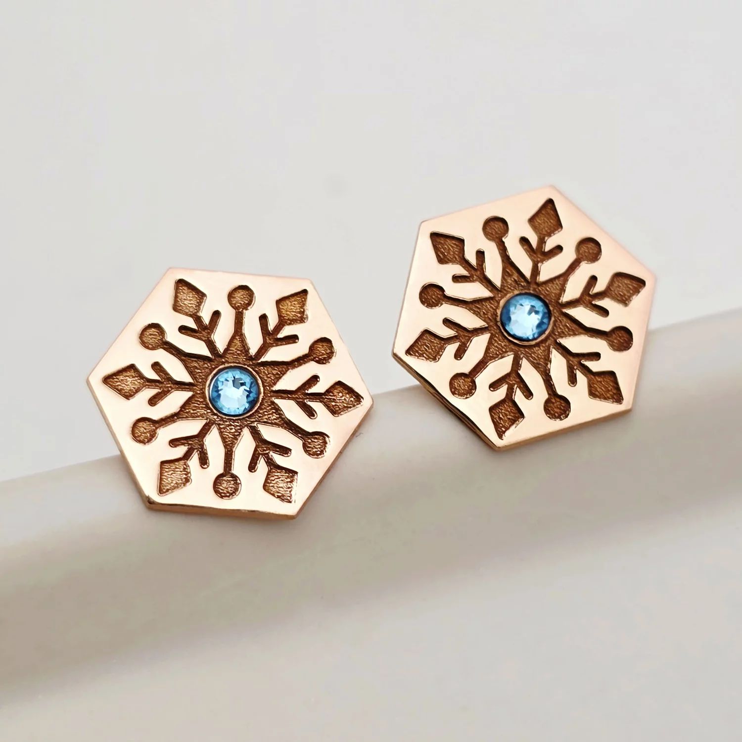 Cercei Craciun - Model Hexagon - Cristal de zapada - Argint 925 placat cu Aur roz 18K - cristal Swarovski- inchidere surub