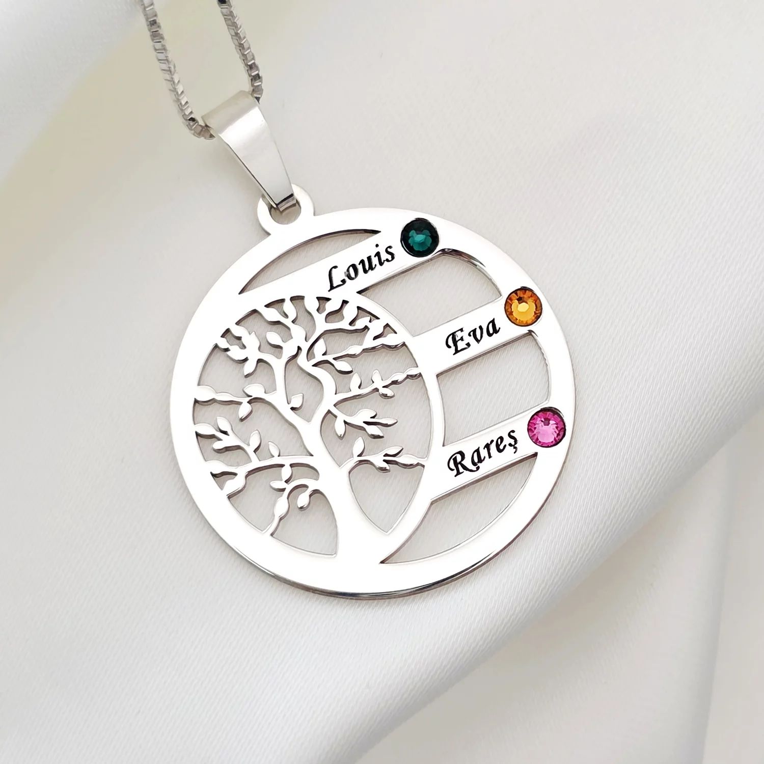 Lantisor Copacul Vietii ARMONIE - Personalizat cu 3 Nume si Cristale Swarovski - Argint 925