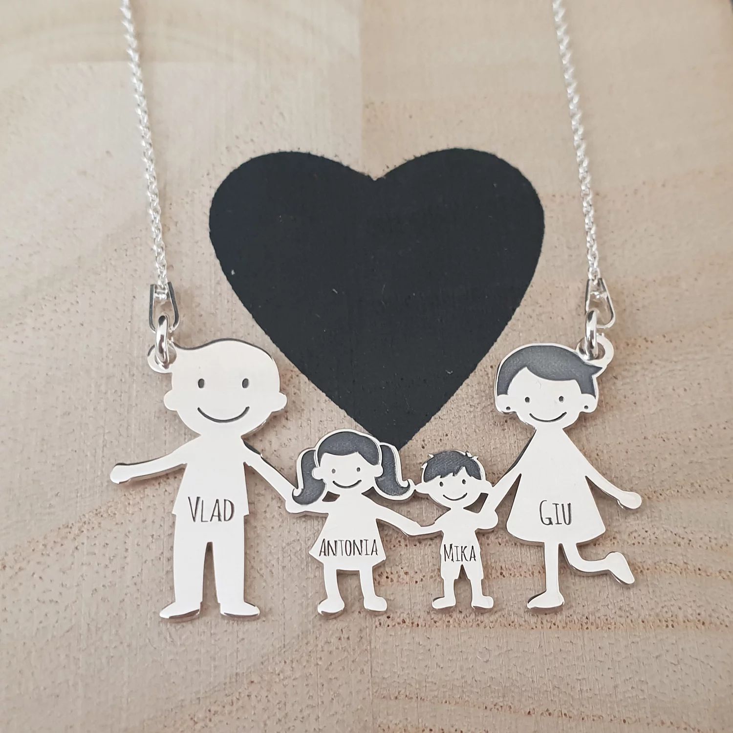 Lantisor Familie - 4 Membri - Tata Chel si Mama cu par scurt - Argint 925