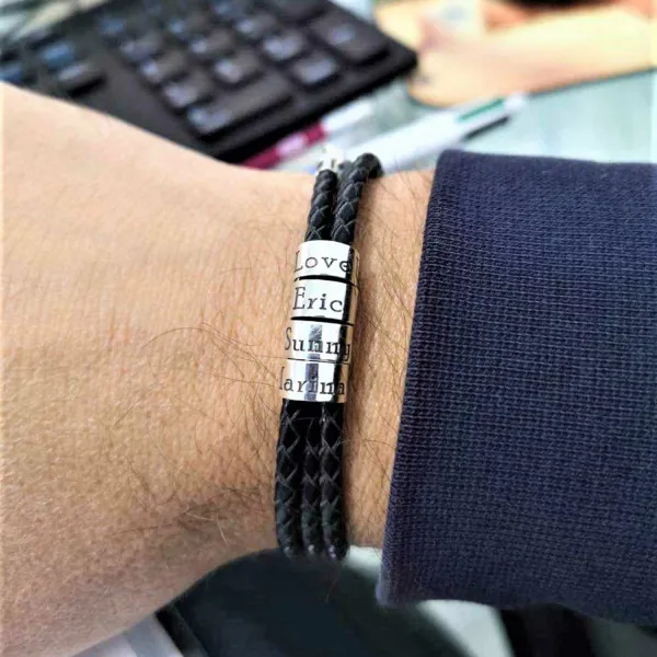 Bratara barbati - 4 modele cilindrice din Argint 925 personalizate - 3 straturi piele impletita - inchizatoare carabina