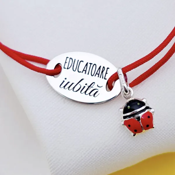 Bratara cu charm la alegere - Educatoare iubita - Pandantiv oval cu snur reglabil - Argint 925