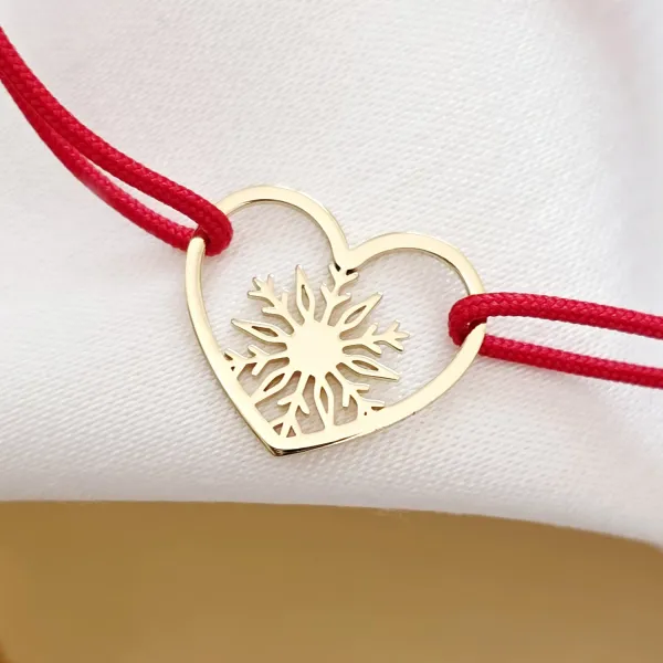 Bratara festiva - Inima si fulg decupat - Argint 925 placat cu Aur Galben 18K - Snur reglabil