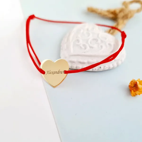 Bratara Inima de 15 mm - Personalizata cu nume/cuvant - Aur Galben 14K - snur reglabil