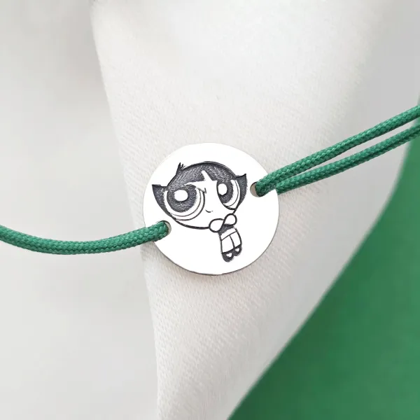 Bratara personalizata - Banut 12mm - Buttercup - Fetitele Powerpuff - Argint 925 - snur reglabil verde