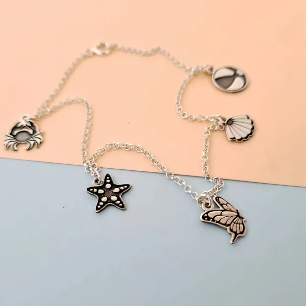 Bratara personalizata de picior cu lantisor -  Beach Summer Elements -  Pandantive diverse simboluri - Argint 925