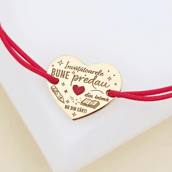 Bratara personalizata - Pandantiv inima Invatatoare - email rosu - Argint 925 placat cu Aur Galben 18K - Snur reglabil