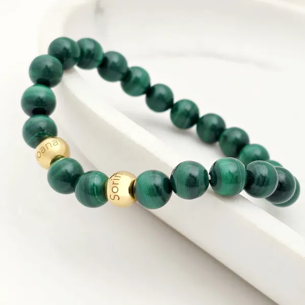 Bratara pietre semipretioase Malachit de 8 mm - Bilute din Argint 925 placat cu Aur Galben 18K - Snur elastic