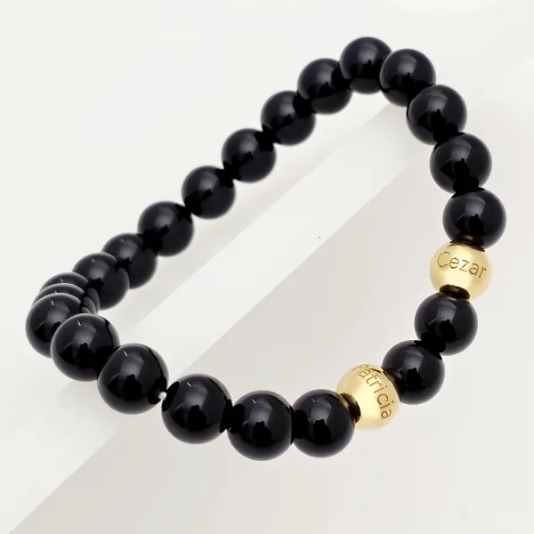 Bratara pietre semipretioase Onix lucios de 8 mm - Bilute din Argint 925 placat cu Aur Galben 18K - Snur elastic
