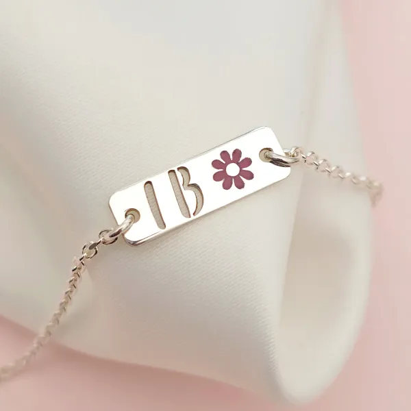 Bratara placuta simbol floare - initiale personalizate - Argint 925- Cu lantisor fata/baiat