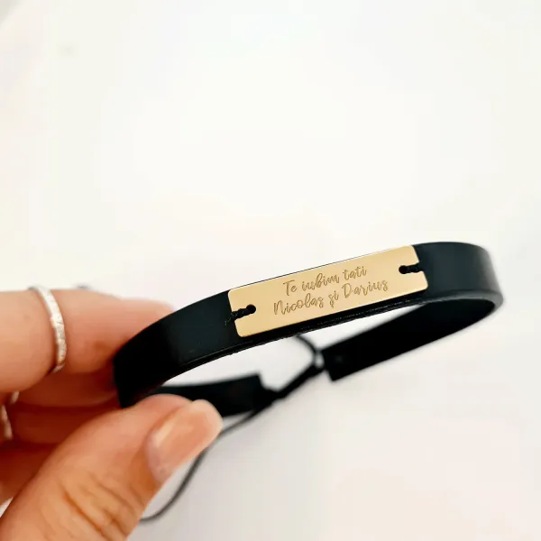Bratara Te iubim tati si nume gravate - Argint 925 placat cu Aur 18k, piele