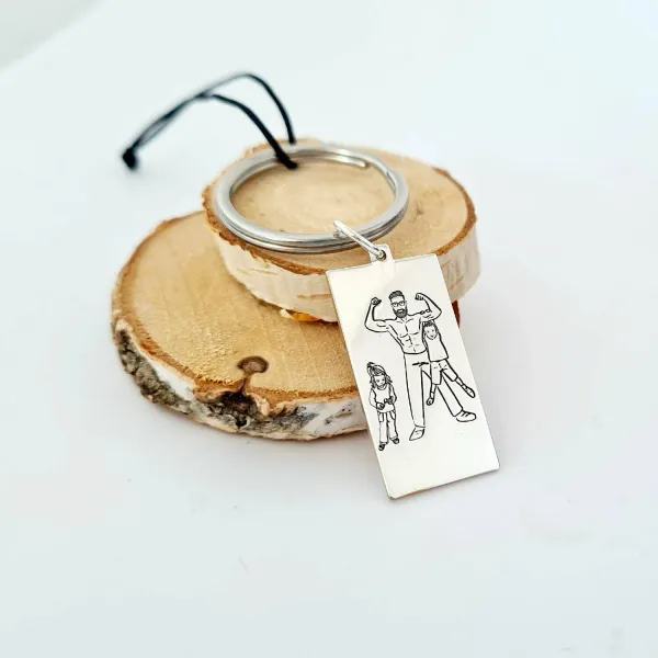 Breloc personalizat - Super Dad - Tata de fata si baiat - Argint 925 - inel otel inoxidabil