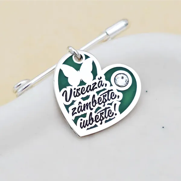 Brosa Ac de siguranta - Inima cu Zambete – Text personalizat - Argint 925 - Email verde & Cristal Swarovski
