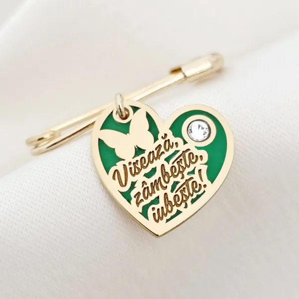 Brosa Ac de siguranta - Inima cu Zambete – Text personalizat - Argint 925 placat cu Aur Galben 18K - Email verde & Cristal Swarovski
