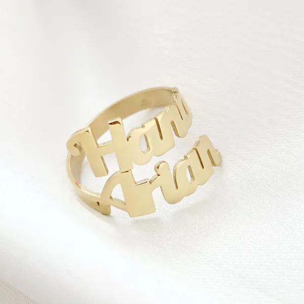 Inel personalizat cu 2 nume decupate - Argint 925 placat cu Aur Galben 18K