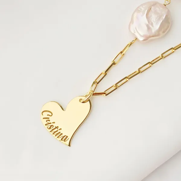 Lantisor cu Perle - Numele inimii - Model cu pandantiv inima, 3 perle pinkie monede si lant cu zale - Argint 925 placat cu Aur Galben 18K