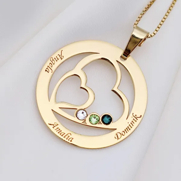 Lantisor Familie unita - Inimi in disc - 3 nume si cristale Swarovski - Argint 925 placat cu Aur Galben 18K