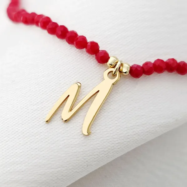 Lantisor Initiala - Pietre Coral & Initiala - Argint placat cu Aur Galben 18K