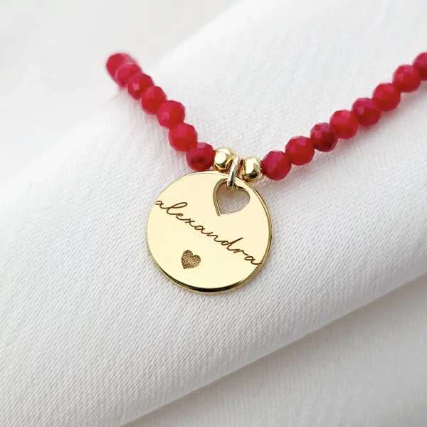 Lantisor Love Name - Pietre Coral & Pandantiv cu Nume si Inima - Argint placat cu Aur Galben 18K