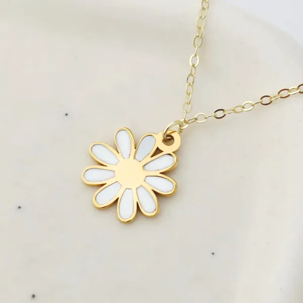 Lantisor Narcisa - Zirconii Albe & Pandantiv Floare cu Email Alb - Argint placat cu Aur Galben 18K
