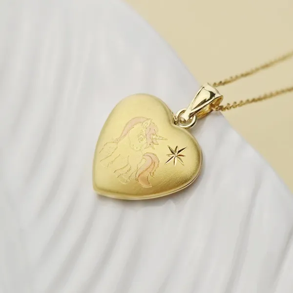 Medalion inima cu poze in interior - Pink Unicorn Dream - Argint 925 placat cu Aur Galben 18K