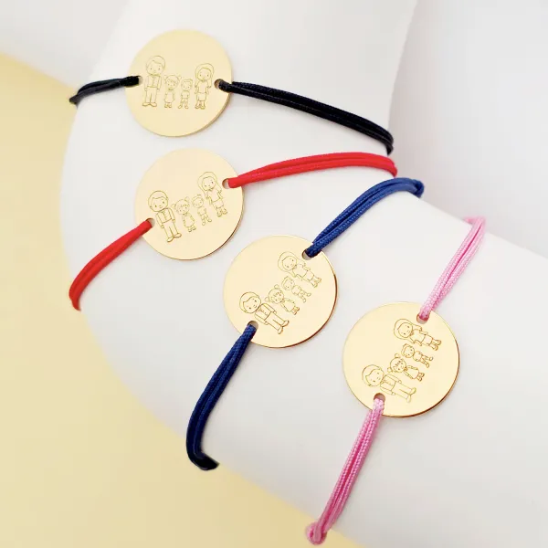Set 4 bratari personalizate - Familie 4 membri - Banuti 15 mm - Argint placat cu Aur Galben 18K - snur reglabil
