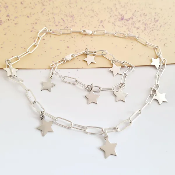 Set colier si bratara personalizata - Star Elements - Lant cu zale dreptunghiulare - Argint 925