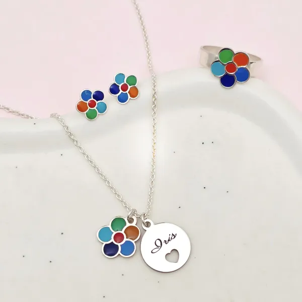 Set personalizat - Floare multicolora - Lantisor, cercei si inel - Argint 925