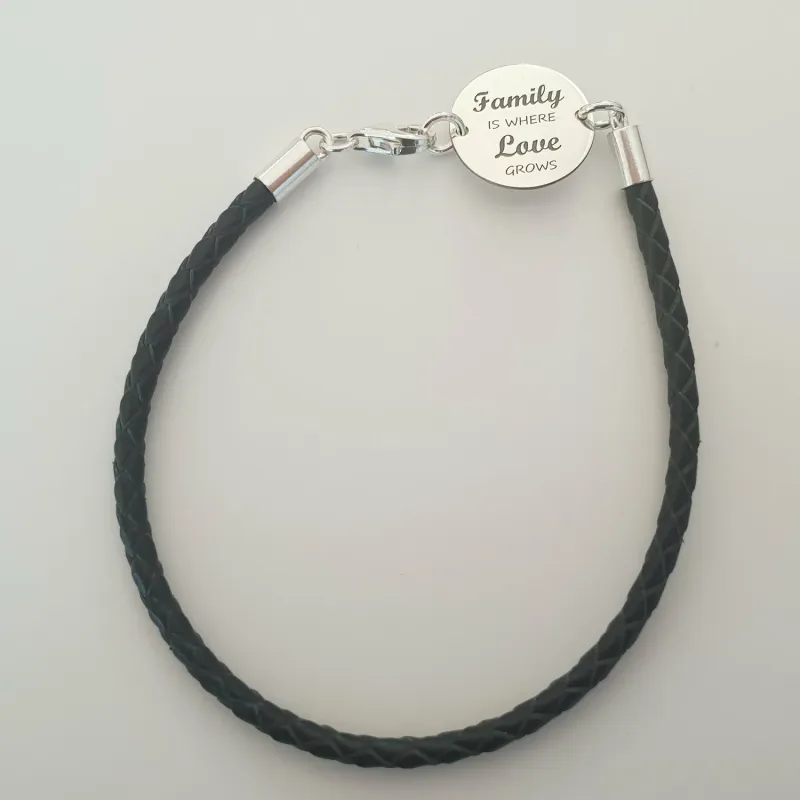Bratara banut cu mesaj - Family is where love grows - Argint 925, piele neagra impletita picture - 6